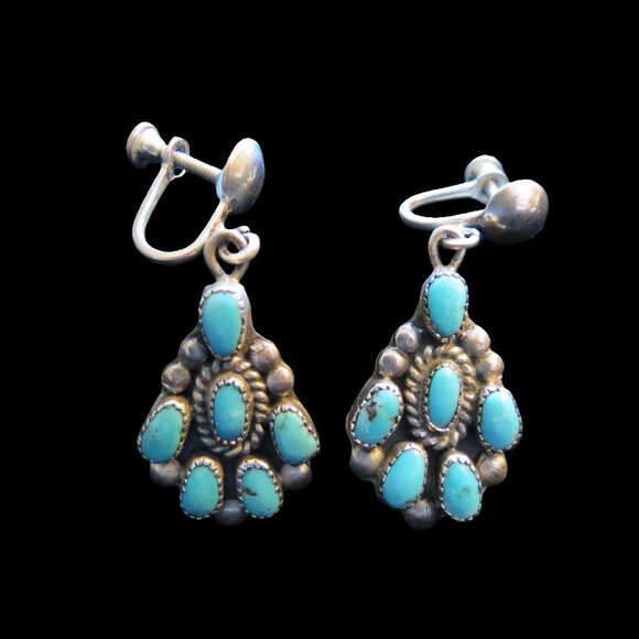 VTG Sterling Silver Turquoise Earrings Dangle - Picture 1 of 6